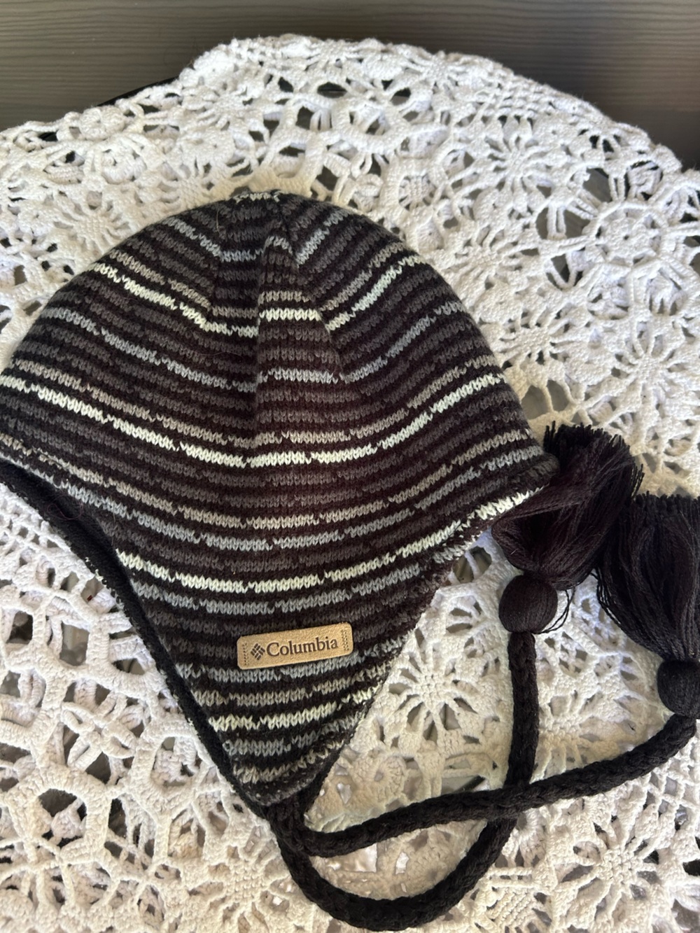 Columbia Black, Gray & Cream Striped Knit Earflap Hat